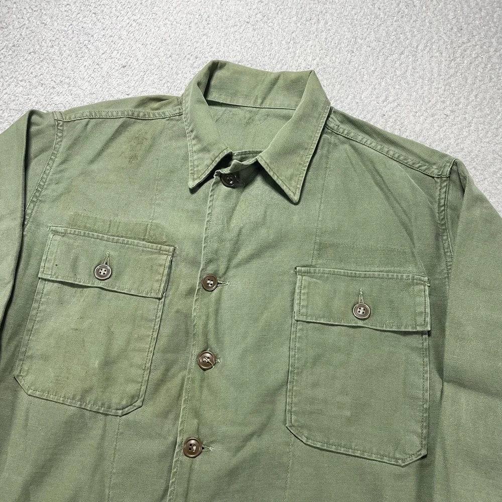 Vintage 50s OG-107 Field Shirt Mens L Green Twill Button Front Long Sleeve P-869